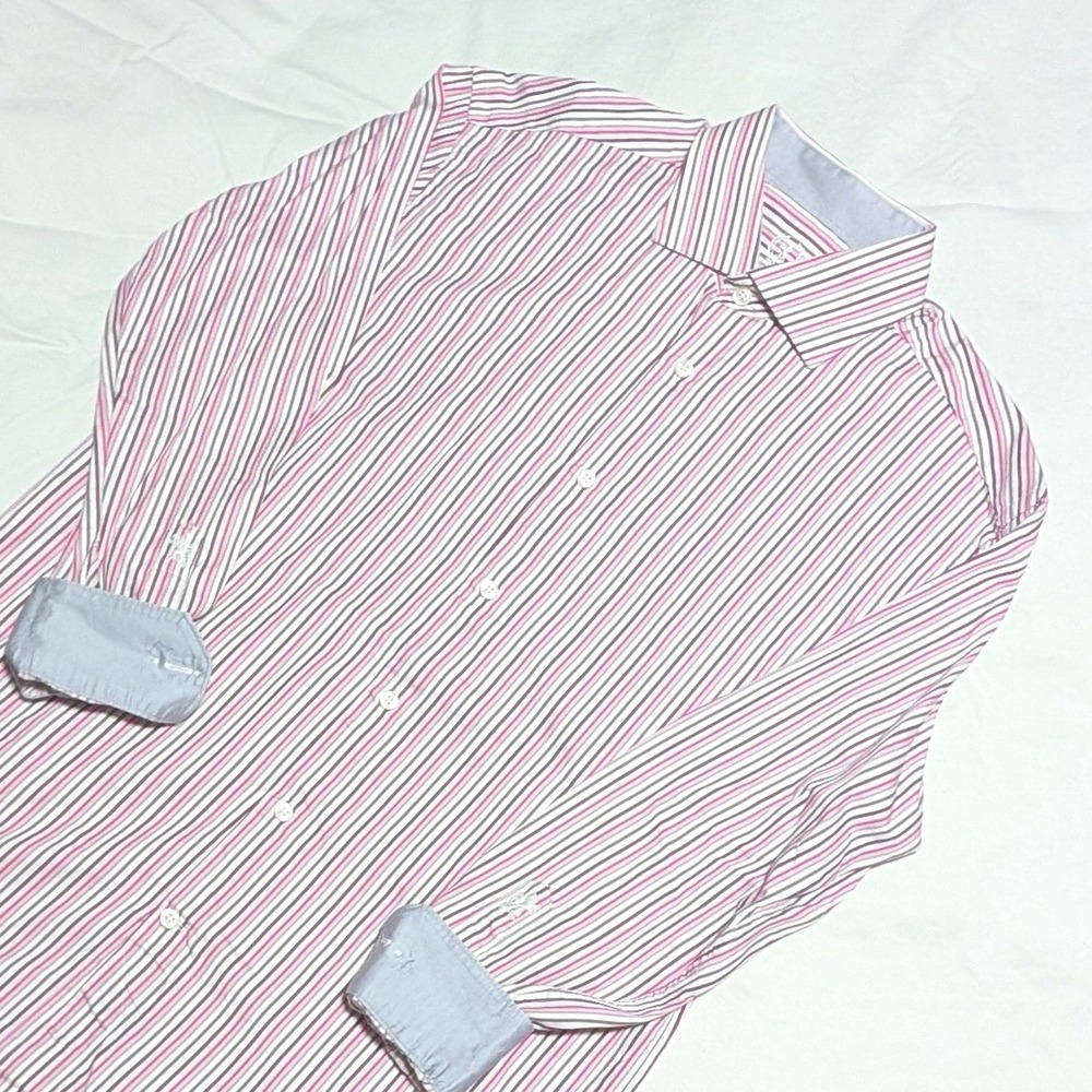 Bugatchi Vomo Mens Pink Striped Non-Iron Cotton Dress Shirt 16 32/33 Long Sleeve